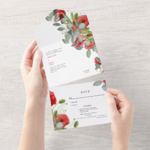 Vibrant Eucalyptus Red Floral Wedding All In One Invitation