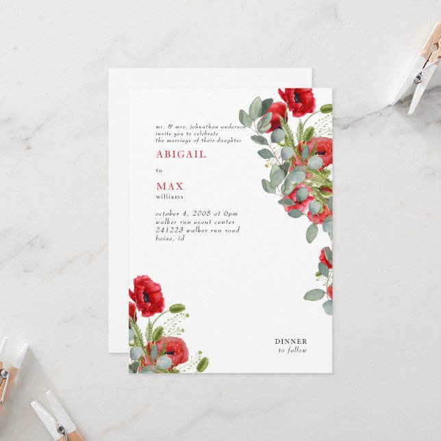 Vibrant Eucalyptus Red Floral Wedding Invitation (Front/Back In Situ)
