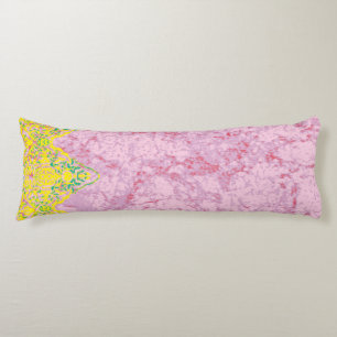 Vibrant fabric pattern featuring pink, yellow, and body pillow