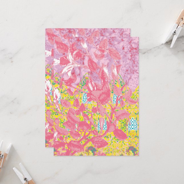 Vibrant fabric pattern featuring pink, yellow, and invitation (Front/Back In Situ)