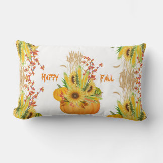 Vibrant Fall Pumpkins Watercolor Sunflowers Green Lumbar Pillow