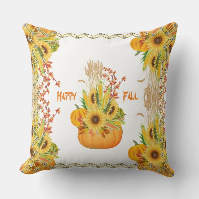  Vibrant Fall Pumpkins Watercolor Sunflowers Green Throw Pillow (Front)