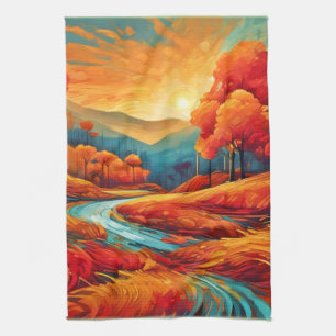 Vibrant Fall River Scene Kitchen Towel