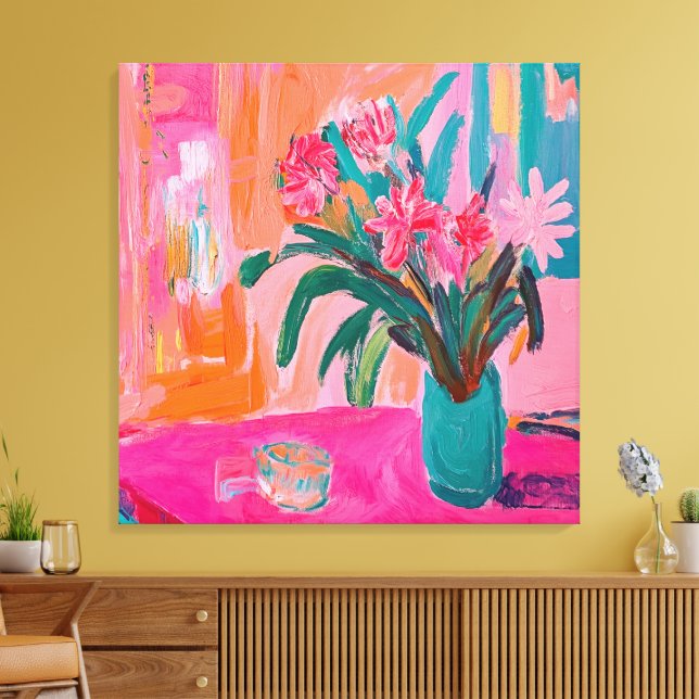 Vibrant Fauvist Vase of Pink Flowers Canvas Print (Insitu(LivingRoom))