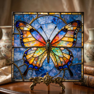 Vibrant Faux Stained Glass Butterfly Mosaic Art Tile