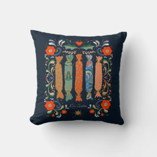Vibrant Festive Christmas Art with gift and flower Throw Pillow