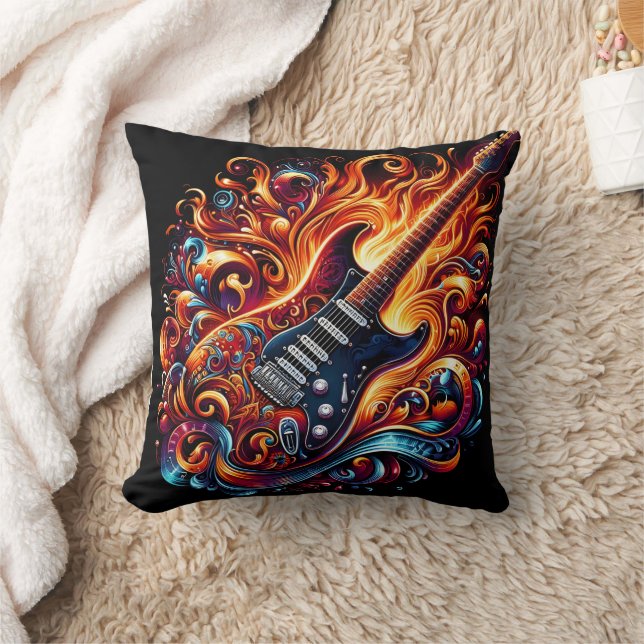 Vibrant, fiery guitar throw pillow (Blanket)