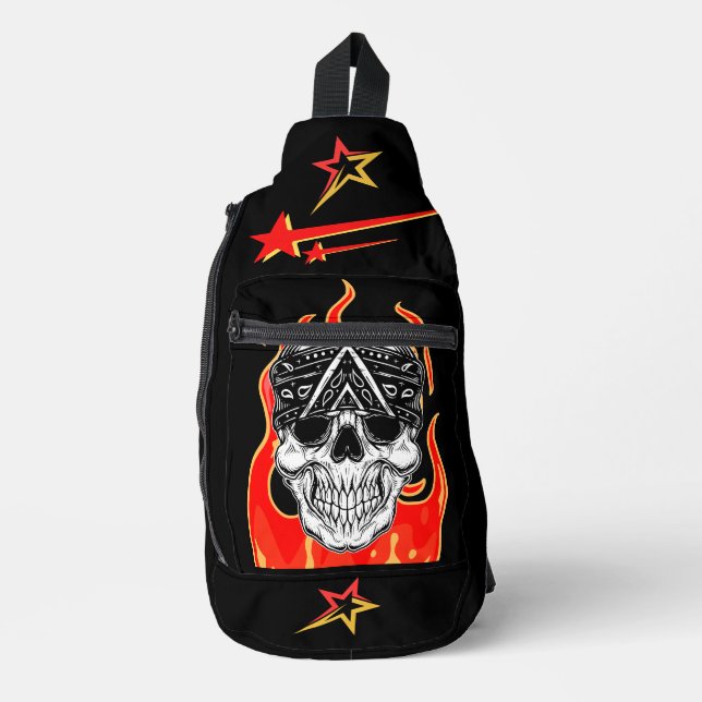 Vibrant fire background born to ride skull Black Sling Bag (Front)
