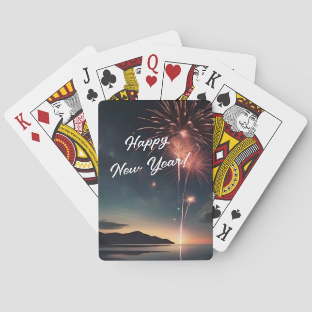 Vibrant Fireworks Night Sky Happy New Year Poker Playing Cards (Back)