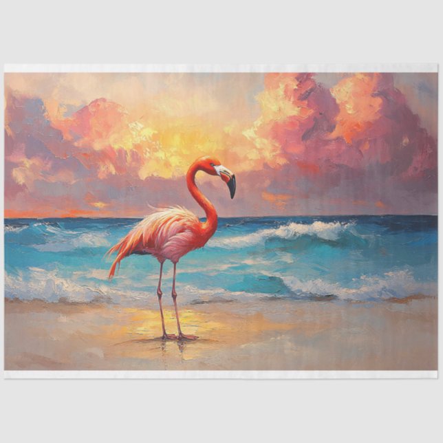 Vibrant Flamingo on the Beach Decoupage Tissue Paper (Front)