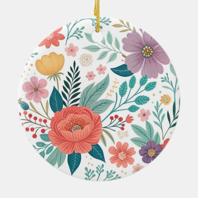 Vibrant Floral All-Over Print Pattern Ceramic Ornament (Back)