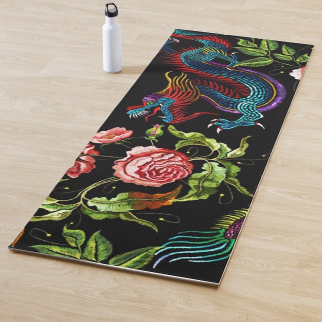 Vibrant Floral Asian Dragon Yoga Mat (In Situ)