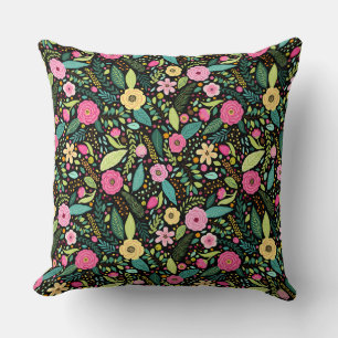 Vibrant Floral Black Pink Yellow Pattern Throw Pillow