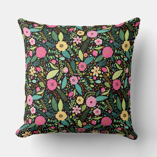 Vibrant Floral Black Pink Yellow Pattern Throw Pillow (Front)