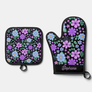 Vibrant Floral Blue Purple Violet Personalized Oven Mitt & Pot Holder Set