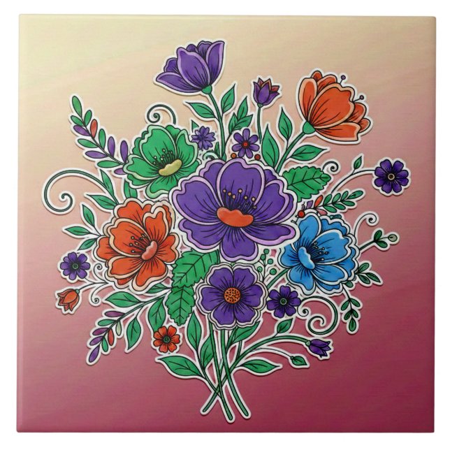 Vibrant Floral Bouquet Illustration Tile (Front)