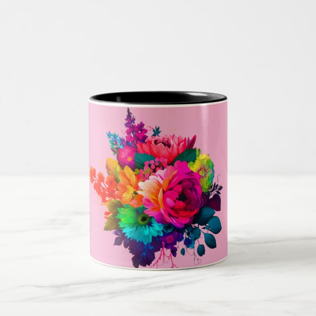 Vibrant Floral Bouquet with Black Trim Coffee Mug (Center)
