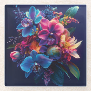 Vibrant Floral Bouquet with Neon Flowers  Glass Coaster