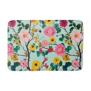 Vibrant Floral Branches Pattern Bath Mat