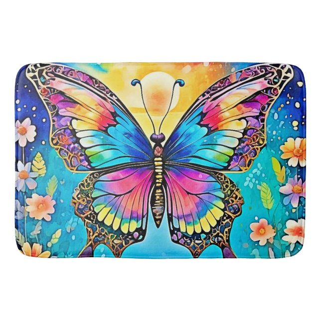 Vibrant Floral Butterfly Glow Design Bath Mat (Front)