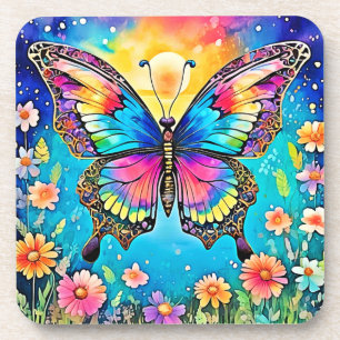 Vibrant Floral Butterfly Glow Design Coaster