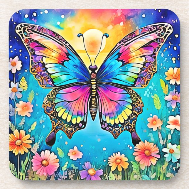 Vibrant Floral Butterfly Glow Design Coaster (Front)