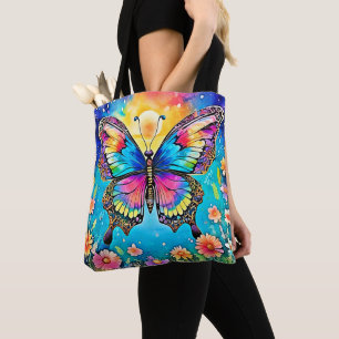 Vibrant Floral Butterfly Glow Design Tote Bag