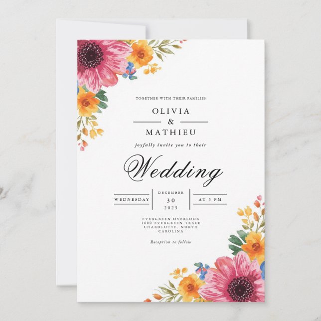 Vibrant Floral Corner Bloom Wedding Invitation (Front)