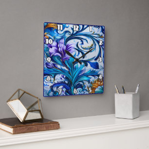 Vibrant Floral Design With Blue and Purple Accents Square Wall Clock