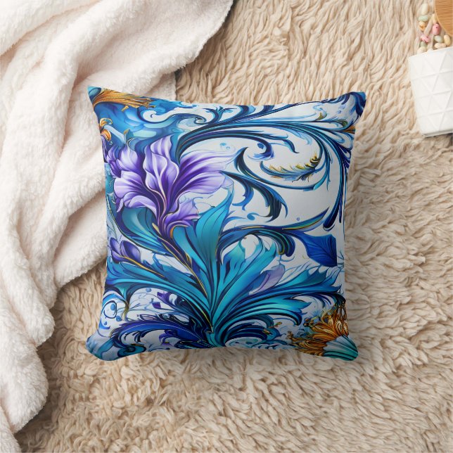 Vibrant Floral Design With Blue and Purple Accents Throw Pillow (Blanket)