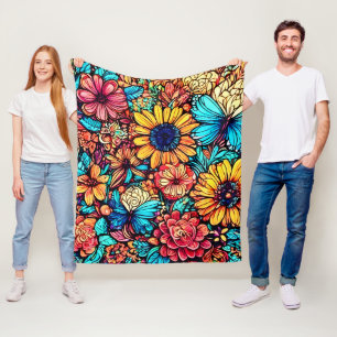 Vibrant Floral Doodle Explosion Fleece Blanket