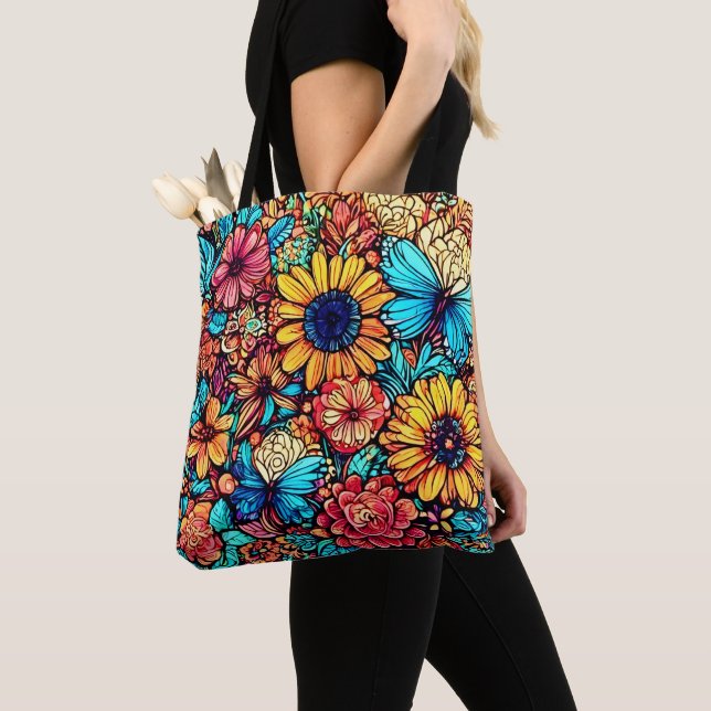 Vibrant Floral Doodle Explosion Tote Bag (Close Up)