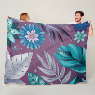 Vibrant Floral Fantasy on Deep Purple Canvas Fleece Blanket