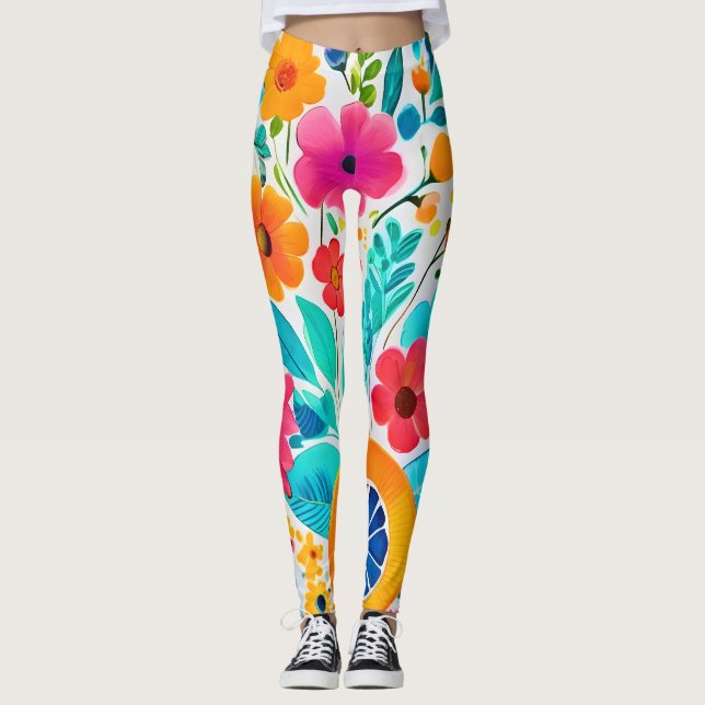 Vibrant Floral Fiesta Leggings (Front)