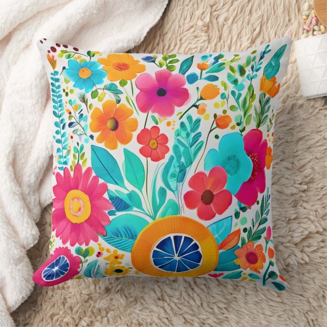 Vibrant Floral Fiesta Throw Pillow (Blanket)