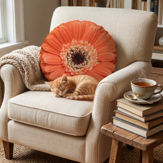 Vibrant Floral Flower - Orange Gerbera Daisy Round Pillow