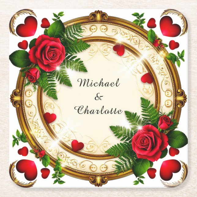Vibrant Floral Frame Design Square Paper Coaster (Front)
