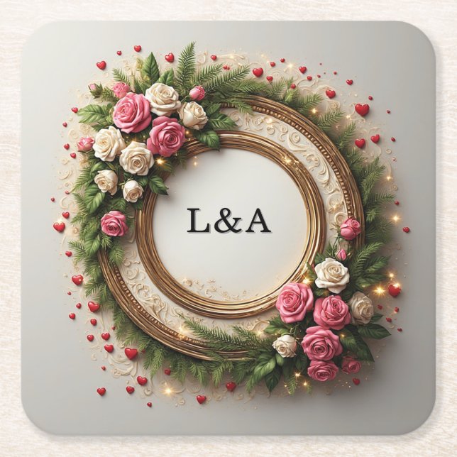Vibrant Floral Frame Design Square Paper Coaster (Front)