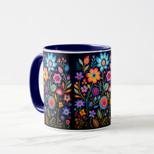Vibrant Floral Garden Black Ceramic Combo Mug