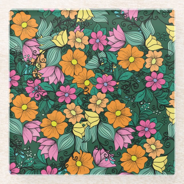 Vibrant Floral: Green Background Vintage. Glass Coaster (Front)