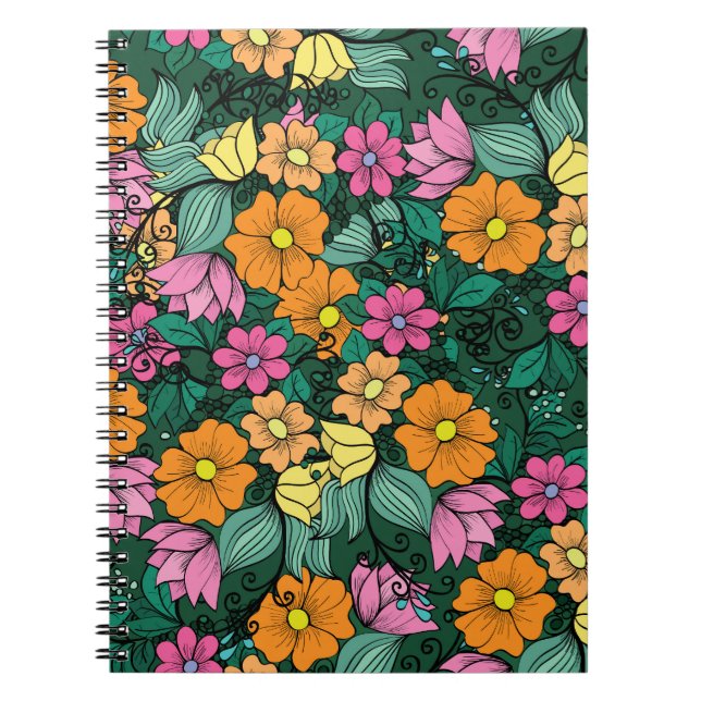 Vibrant Floral: Green Background Vintage. Notebook (Front)