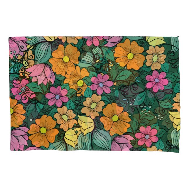 Vibrant Floral: Green Background Vintage. Pillowcase (Front)