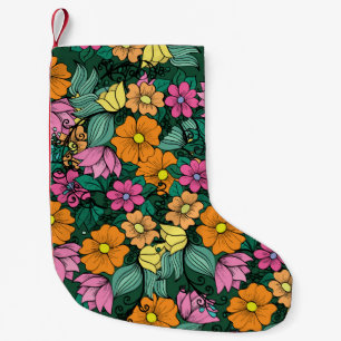 Vibrant Floral: Green Background Vintage. Small Christmas Stocking