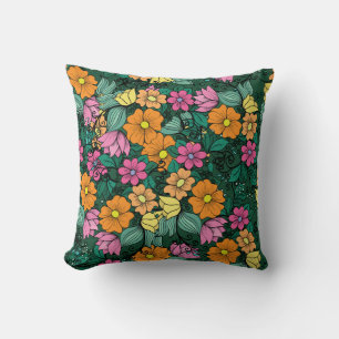 Vibrant Floral: Green Background Vintage. Throw Pillow