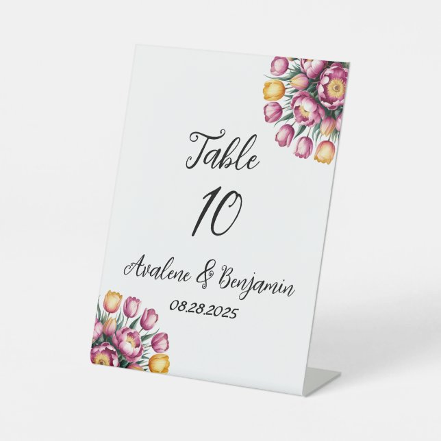 Vibrant Floral Harmony Wedding Table Number Pedestal Sign (Front)