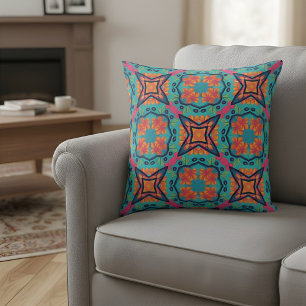 Vibrant Floral Kaleidoscope Pattern Throw Pillow