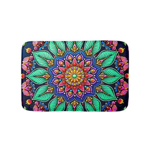 Vibrant Floral Mandala Art Bath Mat (Front)