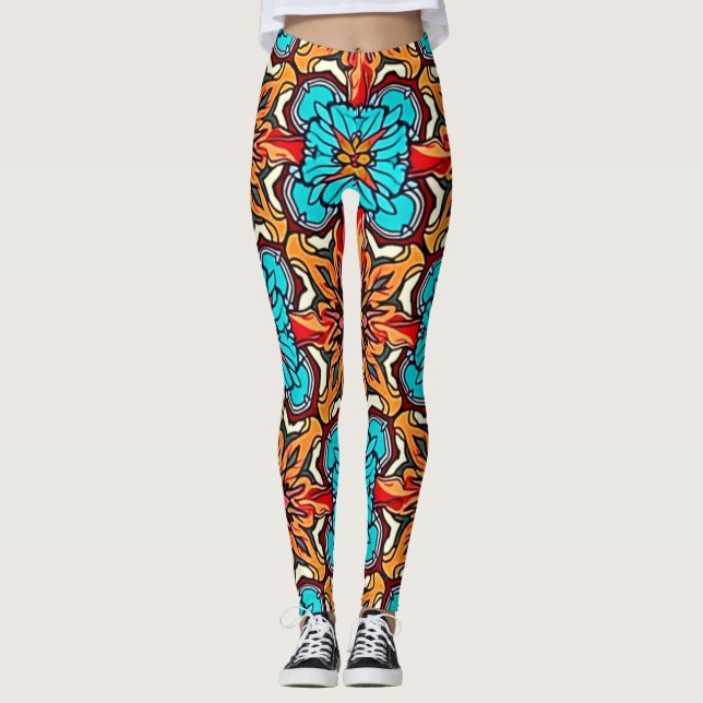 Vibrant Floral Mandala Repeat Art Leggings (Front)