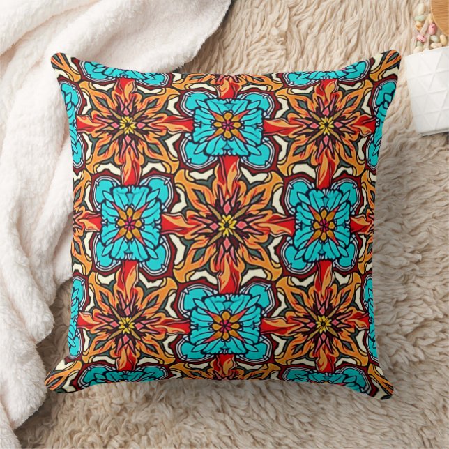 Vibrant Floral Mandala Repeat Art Throw Pillow (Blanket)
