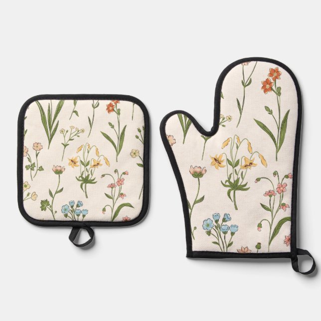 Vibrant Floral Medley Oven Mitt & Pot Holder Set (Front)